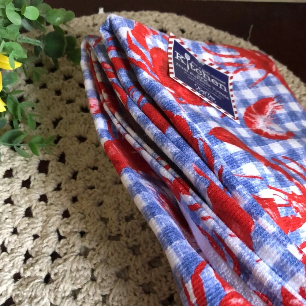 Lobster & Crab Blue Gingham Kitchen Towel - Red & Blue